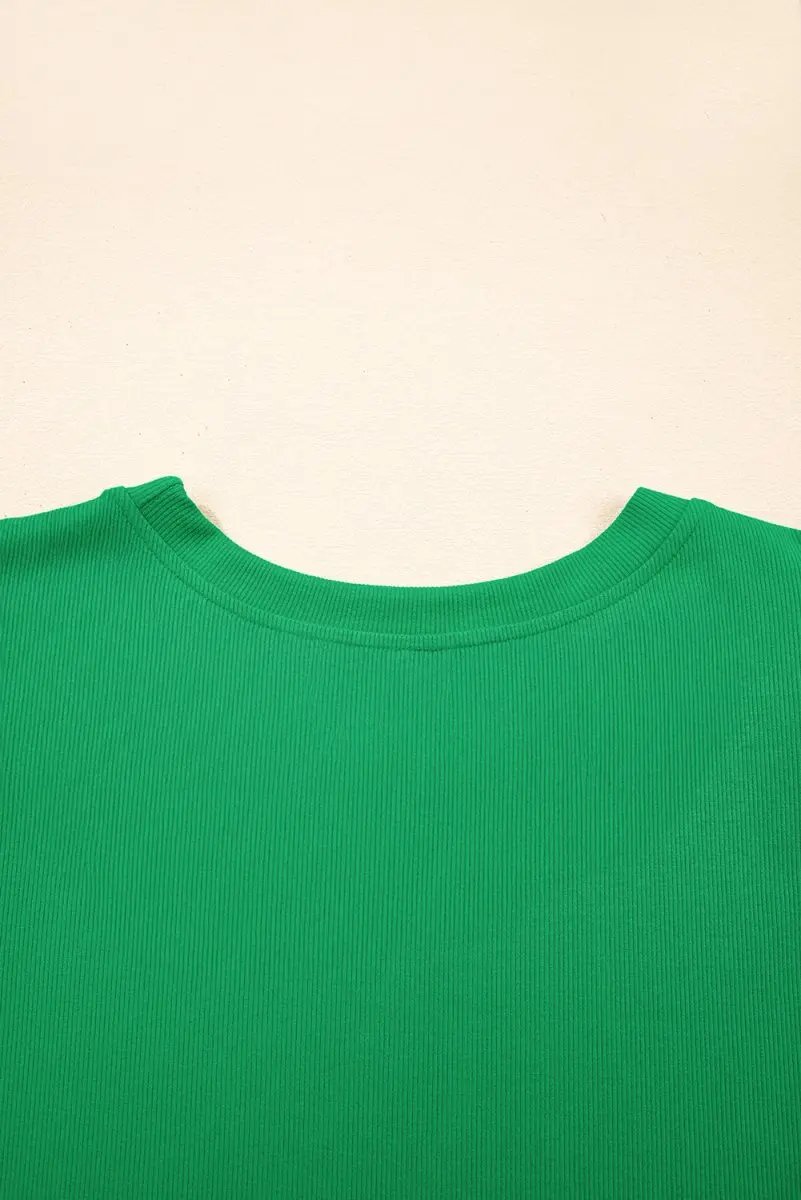 Bright Green Ribbed Pearl Beaded Puff Sleeve Top for Women - Love Salve